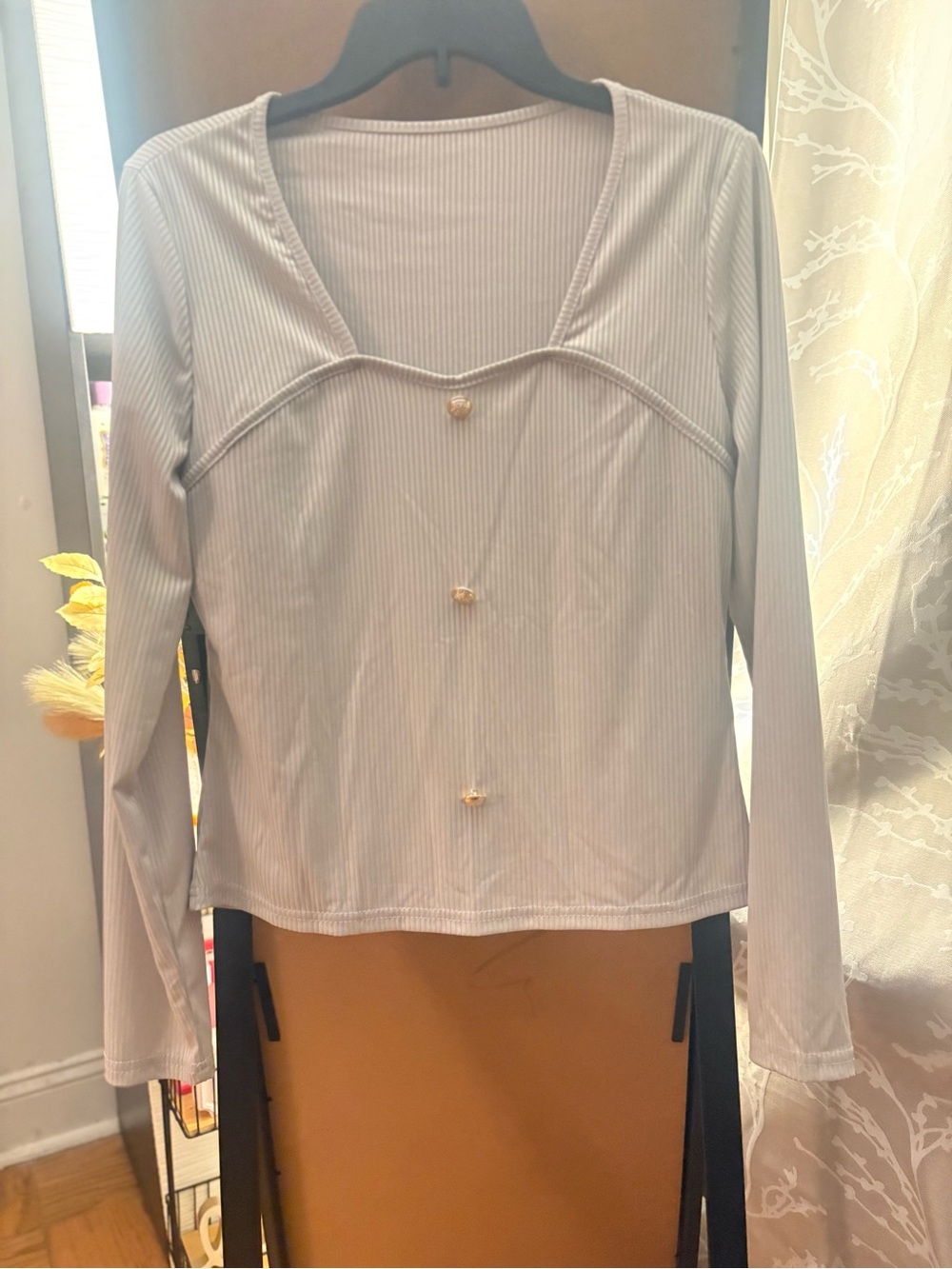 SHEIN Light Blue Ribbed Button-Accent Long Sleeve Top